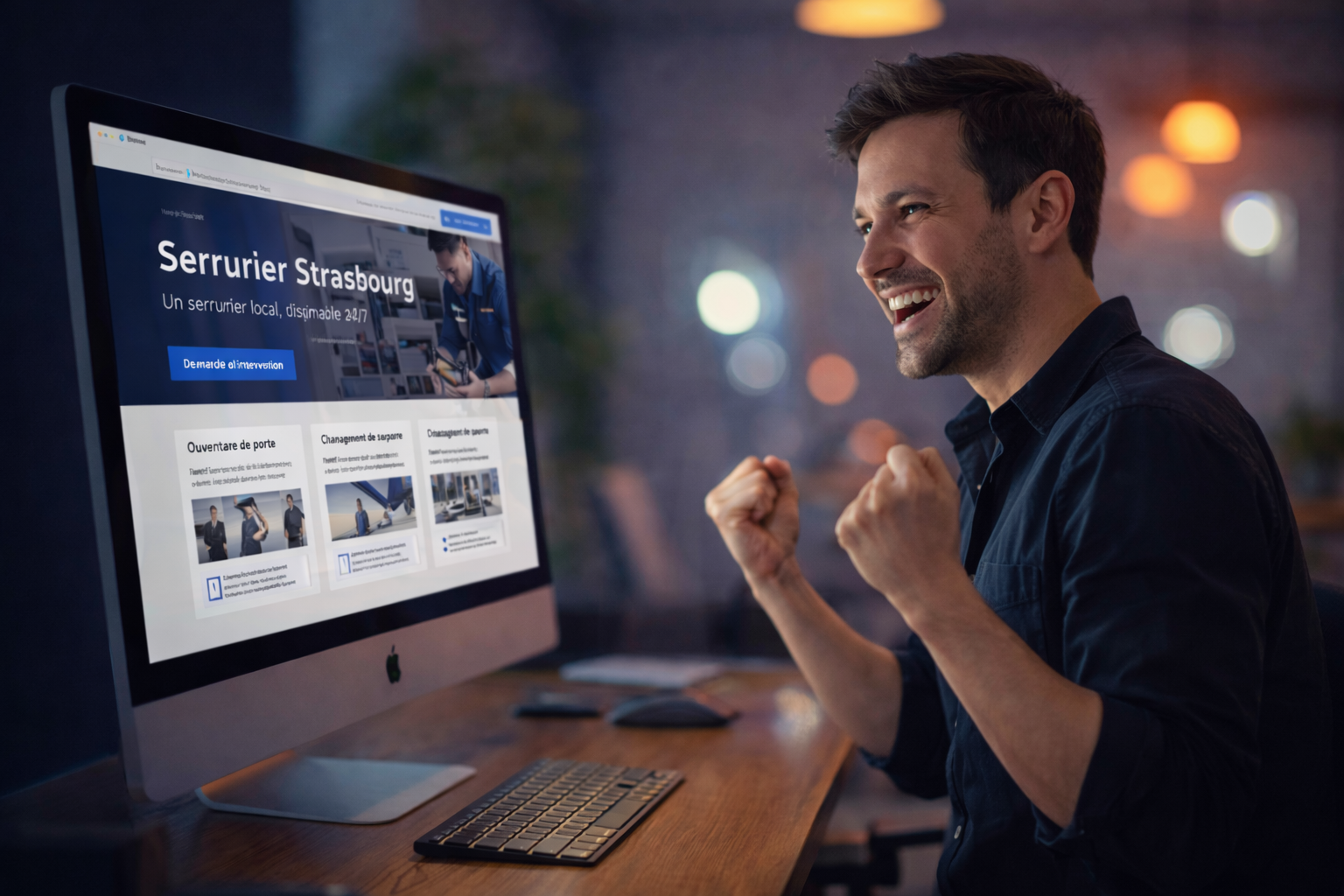 Une utilisatrice ravie devant son écran après avoir généré un site local premium avec Locaeo